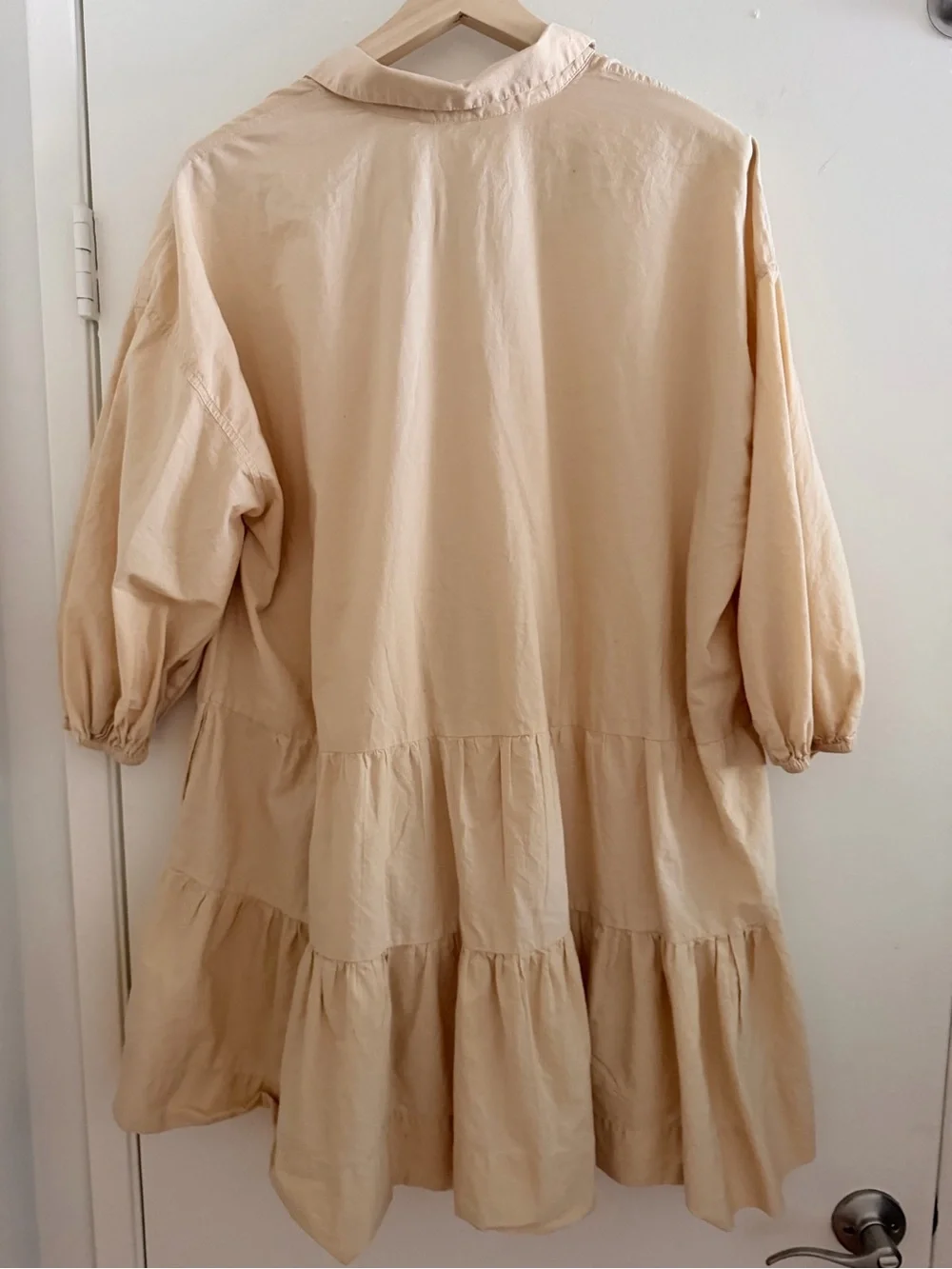 Free People Misha Mini Dress Tan Tiered Button-Front Balloon Sleeve Size L